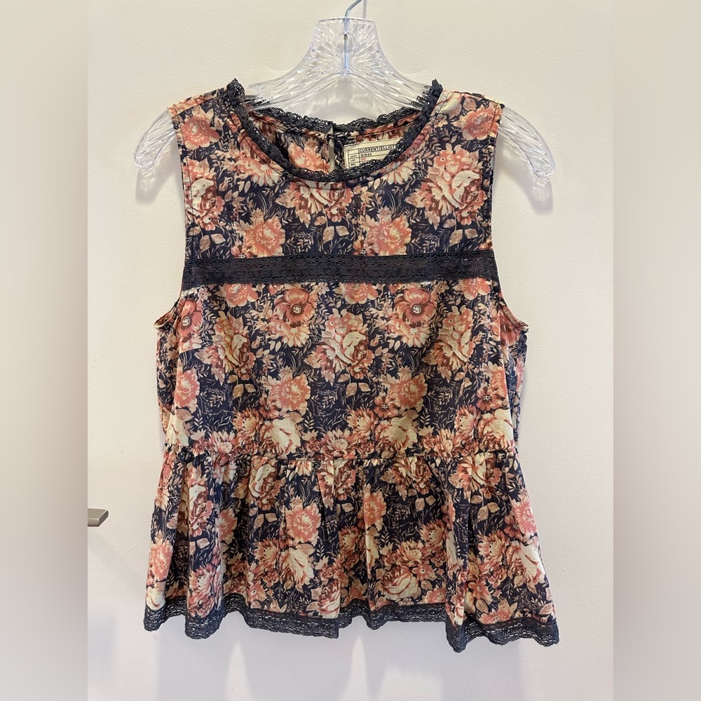 Current/Elliott Floral Peplum Sleeveless Top w/ Lace Trim